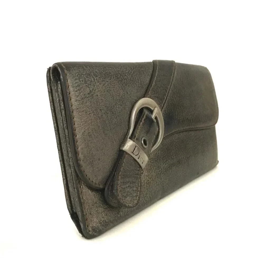 Christian Dior Belt Motif Leather Long Bifold Wallet Bronze/2BJ1472